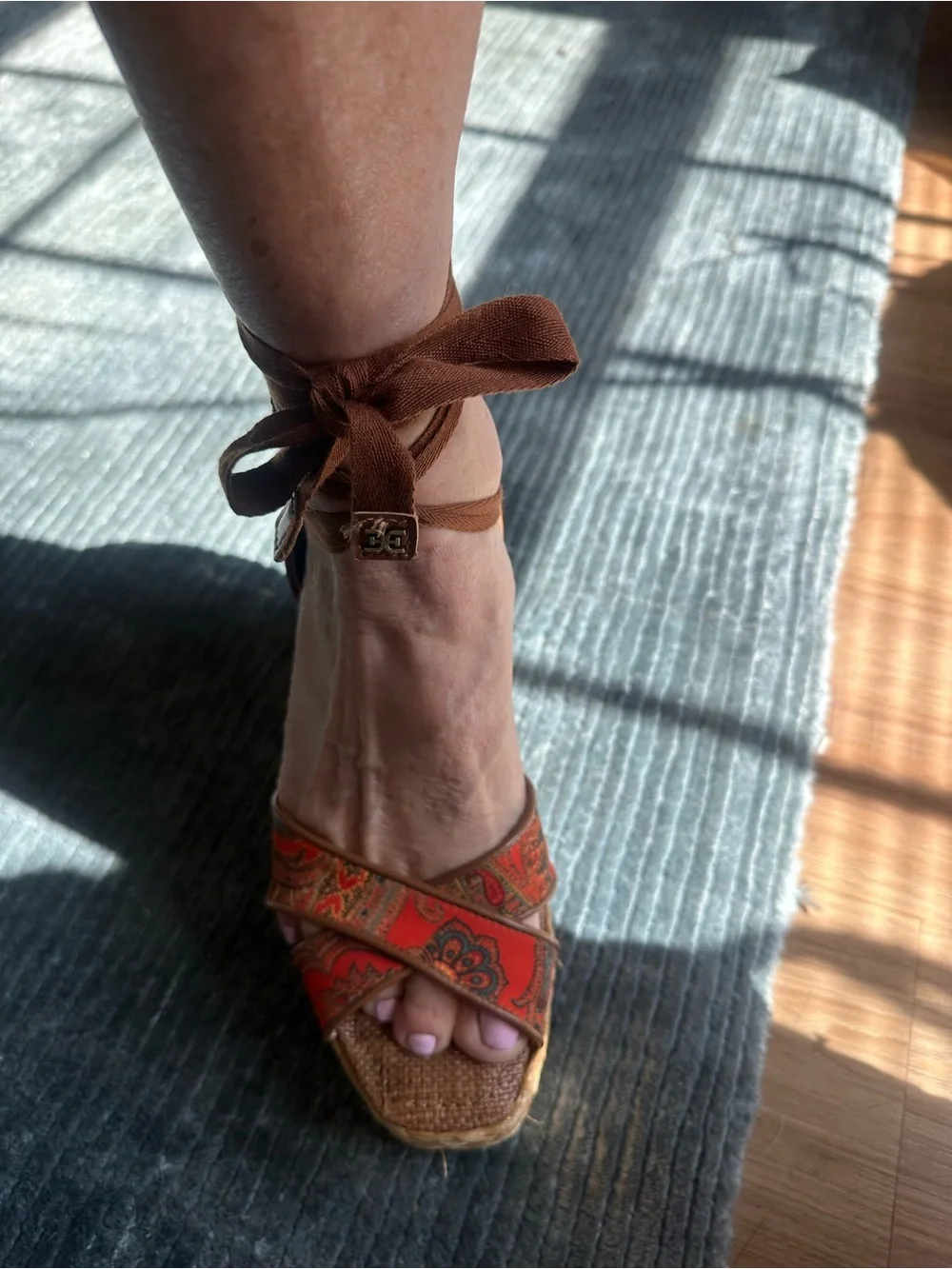 Never worn Sam Edelman Brown Espadrille Wedge Sandals with Orange Paisley Straps